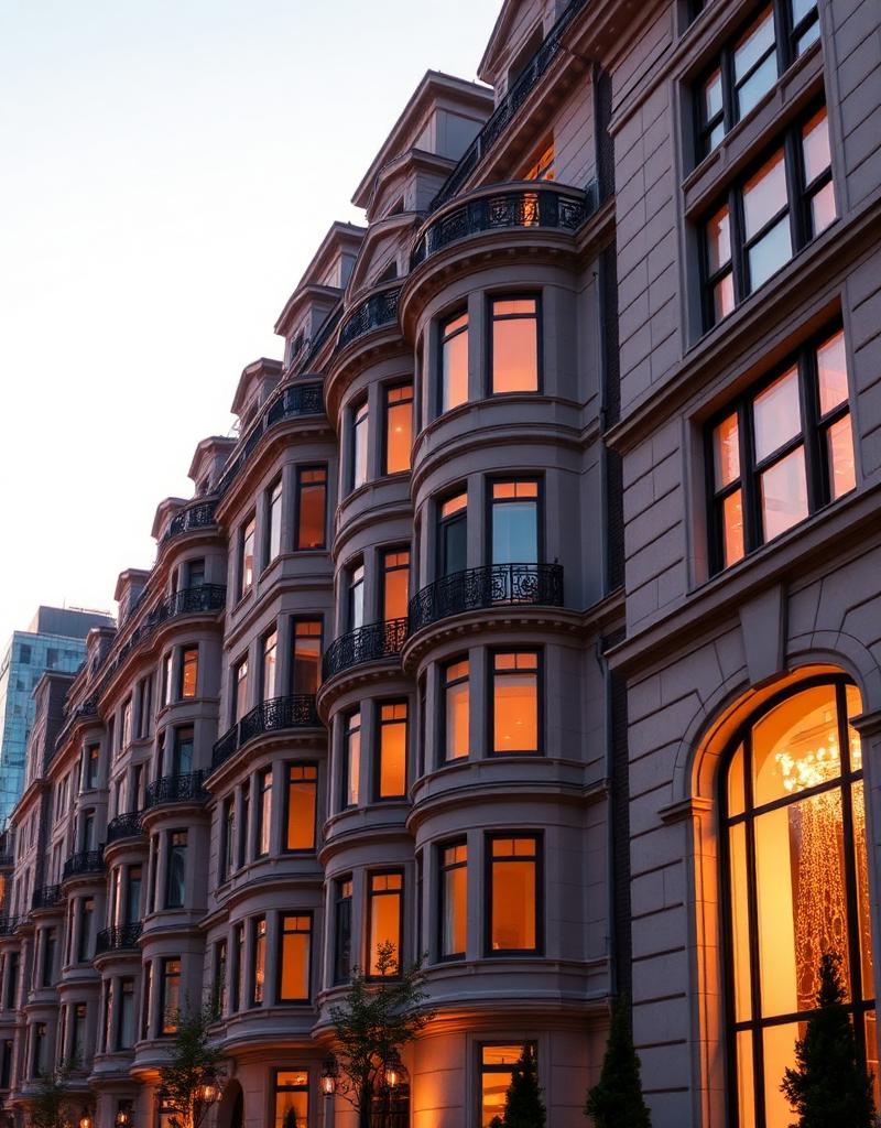 Limestone residential facade at dusk